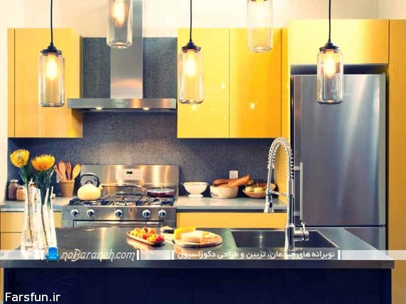طراحی دکوراسیون آشپزخانه با زرد و خاکستری